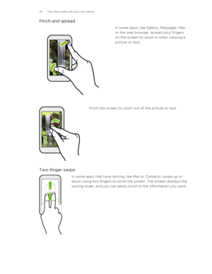 Page 23Pinch and spreadIn some apps, like Gallery, Messages, Mail,
or the web browser, spread your fingers
on the screen to zoom in when viewing a
picture or text.Pinch the screen to zoom out of the picture or text.
Two-finger swipe
In some apps that have sorting, like Mail or Contacts, swipe up or
down using two fingers to scroll the screen. The screen displays the
sorting order, and you can easily scroll to the information you want.
23 Your first week with your new phone 