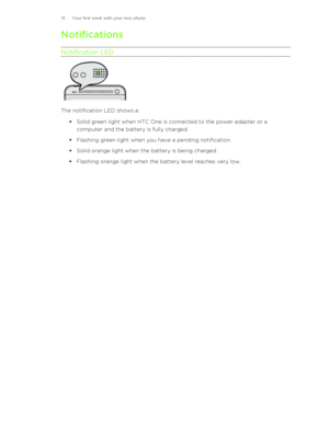 Page 31Notifications
Notification LED
The notification LED shows a: §Solid green light when HTC One is connected to the power adapter or a
computer and the battery is fully charged.
§ Flashing green light when you have a pending notification.
§ Solid orange light when the battery is being charged.
§ Flashing orange light when the battery level reaches very low.
31 Your first week with your new phone 