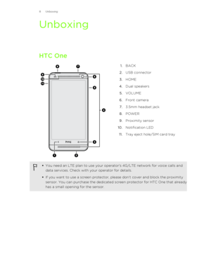 Page 8UnboxingHTC One
1. BACK
2. USB connector
3. HOME
4. Dual speakers
5. VOLUME
6. Front camera
7. 3.5mm headset jack
8. POWER
9. Proximity sensor
10. Notification LED
11. Tray eject hole/SIM card tray§You need an LTE plan to use your operator's 4G/LTE network for voice calls and
data services. Check with your operator for details.
§ If you want to use a screen protector, please don’t cover and block the proximity
sensor. You can purchase the dedicated screen protector for HTC One that already
has a...