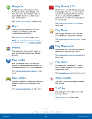 Page 3832Google Applications
Applications
Hangouts
Hangouts is an online place to meet 
friends and family, share photos, and 
host video calls. Conversation logs are 
automatically saved to a Chats area in 
your Gmail account.
Visit google.com/hangouts to learn more.
Maps
Use Google Maps to find your current 
location, get directions, and other 
location-based information.
Visit google.com/maps to learn more.
Note : You must enable location services to 
use Maps. Please see Location Services.
Photos
This...