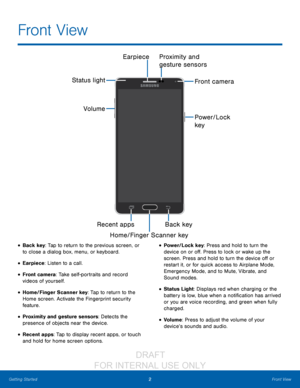 Page 82Front View
Getting Started
• Back key: Tap to return to the previous screen, or 
to close a dialog box, menu, or keyboard.
• Earpiece: Listen to a call.
• Front camera: Take self-portraits and record 
videos of yourself.
• Home/Finger Scanner key: Tap to return to the 
Home screen. Activate the Fingerprint security 
feature.
• Proximity and gesture sensors: Detects the 
presence of objects near the device. 
• Recent apps: Tap to display recent apps, or touch 
and hold for home screen options.
•...