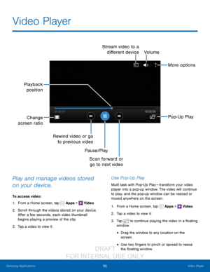 Page 7165Video Player
Samsung Applications
Play and manage videos stored 
on your device.
To access video:
1.
 F

rom a Home screen, tap 
 Apps >  Video.
2.
 S

croll through the videos stored on your device. 
After a few seconds, each video thumbnail 
begins playing a preview of the clip.
3.
 
T

ap a video to view it.
Use Pop-Up Play
Multi task with Pop-Up Play —  t ransform your video 
player into a pop-up window. The video will continue 
to play, and the pop-up window can be resized or 
moved anywhere on...