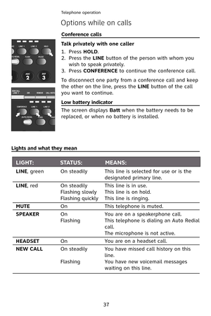 Page 40
Telephone operation
37
Options while on calls
Conference calls                                                                   
Talk privately with one caller
Press HOLD.
Press the LINE button of the person with whom you 
wish to speak privately.
Press CONFERENCE to continue the conference call.
To disconnect one party from a conference call and keep 
the other on the line, press the LINE button of the call 
you want to continue.
Low battery indicator...