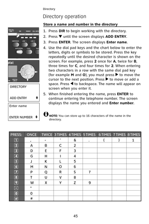 Page 48
45
Directory
Directory operation
Store a name and number in the directory                            
Press DIR to begin working with the directory.
Press  until the screen displays ADD ENTRY.
Press ENTER. The screen displays Enter name.
Use the dial pad keys and the chart below to enter the 
letters, digits or symbols to be stored. Press the key 
repeatedly until the desired character is shown on the 
screen. For example, press 2 once for A, twice for B, 
three times for C, and four times for 2. When...