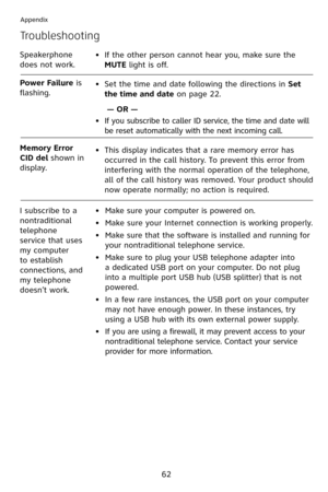 Page 65
62
Appendix
If the other person cannot hear you, make sure the 
MUTE light is off.
Set the time and date following the directions in Set 
the time and date on page 22.
— OR —
If you subscribe to caller ID service, the time and date will 
be reset automatically with the next incoming call.
This display indicates that a rare memory error has 
occurred in the call history. To prevent this error from 
interfering with the normal operation of the telephone, 
all of the call history was removed. Your product...