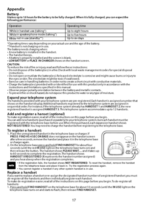 Page 1817
Appendix
Ba tte ryI t ta k e s  u p  to  1 6  h o u rs  fo r th e  b a tte r y  to  b e  fu l l y  ch a rg e d .  W h e n  i t i s  fu l l y  ch a rg e d ,  yo u  ca n  e xp e ct th e  
following per forma nce:
To re giste r a  ha ndse t:1.  Place the unregistered handset in the telephone base or charger. If
       PRESS  FIND HS 4 SEC ON BASE does not appear on the handset screen
       after a few seconds, remove the handset and place it in the telephone base
       o r ch arg e r ag ai n .
2.  On...