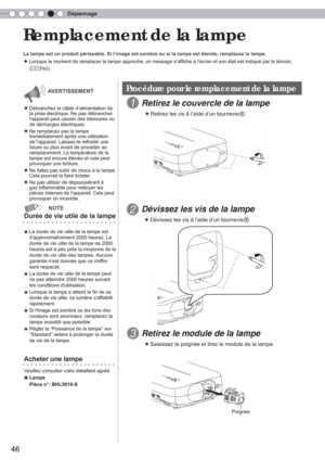 Page 104Dépannage
46
 Remplacement de la lampe
La lampe est un produit périssable. Si l’image est sombre ou si la\
 lampe est éteinte, remplacez la lampe.
● Lorsque le moment de remplacer la lampe approche, un message s’afﬁ che à l’écran et son état est indiqué par le témoin. 
(
P45)
 Retirez le couvercle de la lampe
  ● Retirez les vis à l’aide d’un tournevis +
Durée de vie utile de la lampe
●
 La durée de vie utile de la lampe est  dapproximativement 2000 heures. La 
durée de vie utile de la lampe de 2000...