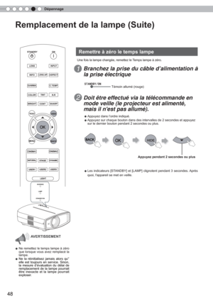 Page 106Dépannage
48
Remplacement de la lampe (Suite)
BACK
TEST
HIDE
BRIGHT
CONTSHARP
COLOR
TINT
N.R
GAMMA
C.TEMP
INFO
LENS.APASPECT
LENS
INPUT
STANDBY
ON
MENU
CINEMA1 CINEMA2
NATURALSTAGEDYNAMIC
USER1USER2
USER3
LIGHT
W   ARNING
LAMP
ST  ANDBY/ON
AVERTISSEMENT
● Ne remettez le temps lampe à zéro 
que lorsque vous avez remplacé la 
lampe.
● Ne la réinitialisez jamais alors qu’
elle est toujours en service. Sinon, 
la mesure d’évaluation du délai de 
remplacement de la lampe pourrait 
être inexacte et la lampe...