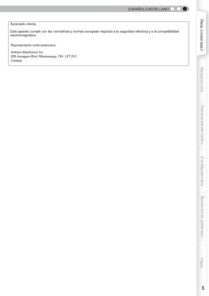 Page 121  
  ESPAÑOL/CASTELLANO
 
 
5
Para comenzarPreparación
Funcionamiento básico
Resolución de problemas
Conﬁ
 guración
Otros
Apreciado cliente,
Este aparato cumple con las normativas y normas europeas respecto a la sхπeguridad eléctrica y a la compatibilidad 
electromagnética.
El representante europeo de Victor Company of Japan, Limited es:
JVC Technical 
Services Europe GmbH
Postfach 10 05 04
61145 Friedberg
AlemaniaRepresentante norte americano:
Anthem Electronics Inc.
205 Annagem Blvd. Mississauga, ON...