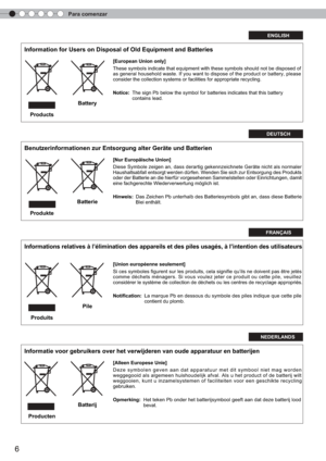 Page 122Para comenzar
6
ENGLISH
Information for Users on Disposal of Old Equipment and Batteries 
[European Union only]
These symbols indicate that equipment with these symbols should not be dхπisposed of 
as general household waste. If you want to dispose of the product or batхπtery, please  
consider the collection systems or facilities for appropriate recycling.
Notice: The sign Pb below the symbol for batteries indicates that this battery  хπ 
contains lead.
DEUTSCH
Benutzerinformationen zur Entsorgung alter...