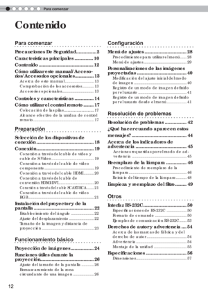 Page 128Para comenzar
12
 Contenido 
Para comenzar
Precauciones De Seguridad................ 2
Características principales ............... 10
Contenido ........................................... 12
Cómo utilizar este manual/Acceso-
rios/Accesorios opcionales  ............... 13
Acerca de este manual ............................ 13
Comprobación de los  accesorios ...........13
Accesorios opcionales  .............................. 13
Controles y características ............... 14
Cómo utilizar el control remoto...