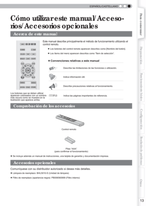 Page 129  
  ESPAÑOL/CASTELLANO
 
 
13
Para comenzarPreparación
Funcionamiento básico
Resolución de problemas
Conﬁ
 guración
Otros
 Cómo utilizar este manual/Acceso-
rios/Accesorios opcionales
 Este manual describe principalmente el método de funcionamiento utili\
zando el 
 control remoto.
 ● Los botones del control remoto aparecen descritos como [Nombre del botó\
n].
 ● Los ítems del menú aparecen descritos como “Ítem de selecci\
ón”.
                            ■ Convenciones relativas a este manual...