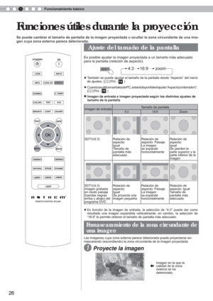 Page 1423Funcionamiento básico
26
 Ajuste del tamaño de la pantalla
Es posible ajustar la imagen proyectada a un tamaño más adecuado 
para la pantalla (relación de aspecto).
● También se puede ajustar el tamaño de la pantalla desde “Aspecto\
” del menú 
de ajustes. (P34 - 14 )
●  Cuando se utilicen señales de PC, estará disponible el  ajuste “Aspecto(ordenador)”. 
(P34 - 15 )
■ Imagen de entrada e imagen proyectada según los distintos ajustes de \
 tamaño de la pantalla 
Imagen de entrada Tamaño de pantalla
4 :...