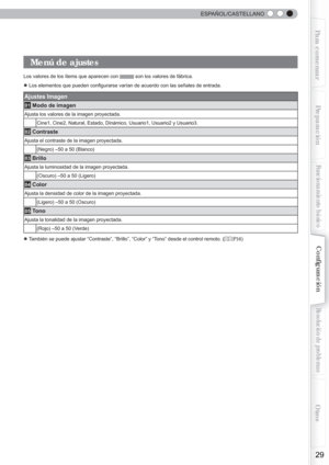Page 145  
29
Para comenzarPreparación
Funcionamiento básico
Resolución de problemas
Conﬁ
 guración
Otros
  ESPAÑOL/CASTELLANO
 Menú de ajustes
Los valores de los ítems que aparecen con  son los valores de fábrica.
● Los elementos que pueden conﬁ gurarse varían de acuerdo con las señales de entrada.
Ajustes Imagen 
01 Modo de imagen
Ajusta los valores de la imagen proyectada.
Cine1, Cine2, Natural, Estado, Dinámico, Usuario1, Usuario2 y Usuario\
3.
02 Contraste
Ajusta el contraste de la imagen proyectada.(Negro)...