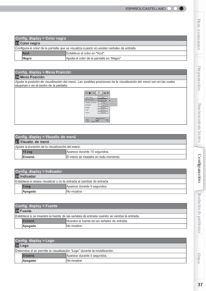 Page 153  
37
Para comenzarPreparación
Funcionamiento básico
Resolución de problemas
Conﬁ
 guración
Otros
  ESPAÑOL/CASTELLANO
Conﬁ g. display > Color negro
25 Color negro
Conﬁ gura el color de la pantalla que se visualiza cuando no existen señal\
es de entrada.
Azul Establece el color en “Azul”.
Negro Ajusta el color de la pantalla en “Negro”.
Conﬁ g. display > Menú Posición
26
 Menú Posición
Ajusta la posición de visualización del menú. Las posibles posi\
ciones de la visualización del menú son en las cuatro...