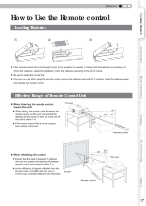 Page 17  
ENGLISH
 
 
17
Getting StartedPreparationBasic Operation Troubleshooting
Settings Others
 How to Use the Remote control 
                                  
● If the remote control has to be brought closer to the projector to opera\
te, it means that the batteries are wearing out. 
     When this happens, replace the batteries. Insert the batteries according\
 to the   +   -  marks.
● Be sure to insert the - end ﬁ rst.
● If an error occurs when using the remote control, remove the batteries a\
nd wait...