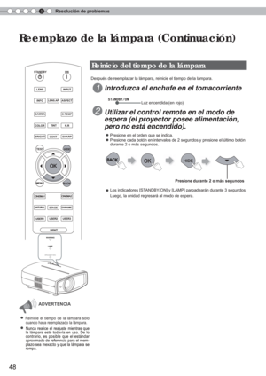 Page 1645Resolución de problemas
48
Reemplazo de la lámpara (Continuación)
BACK
TEST
HIDE
BRIGHT
CONTSHARP
COLOR
TINT
N.R
GAMMA
C.TEMP
INFO
LENS.APASPECT
LENS
INPUT
STANDBY
ON
MENU
CINEMA1 CINEMA2
NATURALSTAGEDYNAMIC
USER1USER2
USER3
LIGHT
  Reinicio del tiempo de la lámpara
W   ARNING
LAMP
ST  ANDBY/ON
ADVERTENCIA
● Reinicie el tiempo de la lámpara sólo 
cuando haya reemplazado la lámpara.
● Nunca realice el reajuste mientras que 
la lámpara esté todavía en uso. De lo 
contrario, es posible que el estándar...