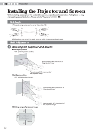Page 222Preparation
22
 Installing the Projector and Screen
 
While installing, please place this unit and the screen perpendicular to\
 each other. Failing to do so may 
increase trapezoidal distortion. Please refer to 
lKeystonez. (P36 - 24 )
   SetAngle
 ● The angle range which can be set for this unit is ±10°.
  
 ● Malfunctions may occur if the angle is not set within the above-mentione\
d range.
 Shift Adjustment
                  
1 Installing the projector and screen
      ■ Left/Right position...