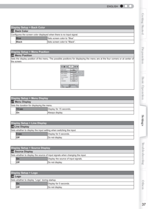 Page 37  
ENGLISH
37
Getting StartedPreparationBasic Operation Troubleshooting
Settings Others
Display Setup > Back Color
25 
Back Color
Conﬁ
 gures the screen color displayed when there is no input signal.
Blue Sets screen color to “Blue”.
Black Sets screen color to “Black”.
Display Setup > Menu Position
26
 Menu Position
Sets the display position of the menu. The possible positions for displaying the menu are at the four corners o\
r at center of 
the screen.
Display SetupBack Color
Menu Position
Menu...