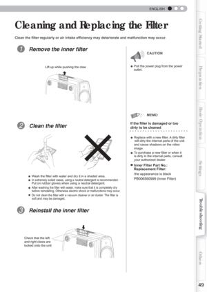 Page 49  
ENGLISH
49
Getting StartedPreparationBasic Operation Troubleshooting
Settings Others
 Cleaning and Replacing the Filter
Clean the ﬁ lter regularly or air intake efﬁ  ciency may deteriorate and malfunction may occur.
Remove the inner ﬁ lter                 CAUTION
                 
 
● Pull the power plug from the power  
    outlet.
                  MEMO 
If the ﬁ lter is damaged or too   
dirty to be cleaned
                        
● 
Wash the ﬁ  lter with water and dry it in a shaded area.
● In...