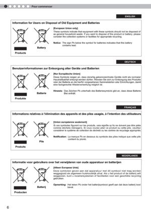 Page 641Pour commencer
6
ENGLISH
Information for Users on Disposal of Old Equipment and Batteries 
[European Union only]
These symbols indicate that equipment with these symbols should not be dхπisposed of 
as general household waste. If you want to dispose of the product or batхπtery, please  
consider the collection systems or facilities for appropriate recycling.
Notice: The sign Pb below the symbol for batteries indicates that this battery  хπ 
contains lead.
DEUTSCH
Benutzerinformationen zur Entsorgung...