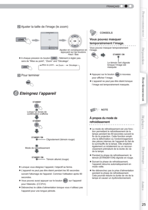 Page 83  
FRANÇAIS
25
Pour commencerPréparationFonctionnement Dépannage
Réglages Autres
BACKBACK
Vous pouvez masquer 
temporairement l’image. 
Vous pouvez masquer temporairement 
l’image. 
HIDEHIDE
Ajustez en conséquence en 
appuyant sur les boutons  Haut / Bas
Le témoin vert clignote 
lorsque l’image est 
masquéeBACKExitMENU
Zoom
Contrôle Objectif
Retour
Activation
Sélection
Clignotement (témoin rouge)
Témoin allumé (rouge)
Lorsqu’un écran de 
confirmation saffiche
Mode de refroidissement
● Lorsque vous...