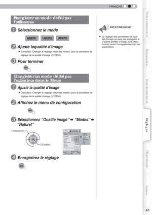 Page 99  
41
Pour commencerPréparationFonctionnement Dépannage
Réglages Autres
FRANÇAIS
● Le réglage des paramètres de qua-
lité d’image ne sera pas enregistré si 
d’autres pro ﬁ les d’image sont sélec-
tionnés avant l’enregistrement de ces 
paramètres.USER2
USER1 USER3
AVERTISSEMENT
  Enregistrer un mode déﬁ
 ni par 
 lutilisateur
1 Sélectionnez le mode
2 Ajuste laqualité dimage
 ● Consultez “Changer le réglage initial des modes” pour la procé\
dure de 
                réglage de la qualité dimage. (
P40) 
3...