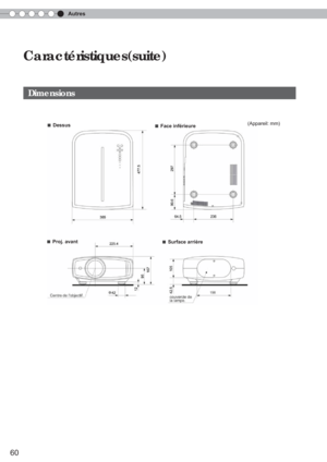 Page 120Autres
60
Caractéristiques(suite)
(Appareil: mm)■ Dessus■ Face inférieure
■ Proj. avant■ Surface arrière
   Dimensions 