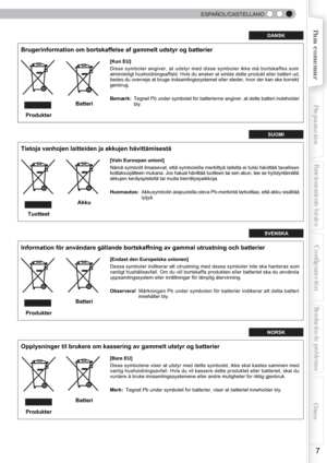 Page 127 
 
  ESPAÑOL/CASTELLANO
 
 
7
Para comenzarPreparación
Funcionamiento básico
Resolución de problemas
Conﬁ guración
Otros
DANSK
Brugerinformation om bortskaffelse af gammelt udstyr og batterier
[Kun EU]
Disse symboler angiver, at udstyr med disse symboler ikke må bortskaffes som  
almindeligt husholdningsaffald. Hvis du ønsker at smide dette produkt eller batteri ud, 
bedes du overveje at bruge indsamlingssystemet eller steder, hvor der kan ske korrekt 
genbrug.
Bemærk:Tegnet Pb under symbolet for...