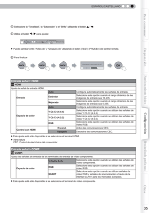Page 155 
 
35
Para comenzarPreparación
Funcionamiento básico
Resolución de problemas
Conﬁ guración
Otros
  ESPAÑOL/CASTELLANO
4 Seleccione la “Tonalidad”, la “Saturación” o el “Brillo” utilizando el botón  / .
5 Utilice el botón  /  para ajustar.
● Puede cambiar entre “Antes de” y “Después de” utilizando el botón [TEST] (PRUEBA) del control remoto.
6 Para ﬁ nalizar
Entrada señal > HDMI
11 HDMI
Ajusta la señal de entrada HDMI.
EntradaAutoConﬁ gura automáticamente las señales de entrada.
EstándarSeleccione esta...