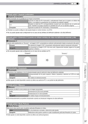 Page 157 
 
37
Para comenzarPreparación
Funcionamiento básico
Resolución de problemas
Conﬁ guración
Otros
  ESPAÑOL/CASTELLANO
Entrada señal > Aspecto (ordenador)
17 Aspecto (ordenador)
Ajusta el tamaño de la pantalla de la imagen proyectada.
Auto
Agranda la señal de PC horizontal y verticalmente hasta que se ajuste a la altura del 
panel, y se realiza la visualización en la relación de aspecto original.
1:1Muestra la señal de PC correspondiente al panel con una relación de un punto por 
píxel. También se puede...