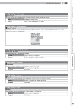 Page 159 
 
39
Para comenzarPreparación
Funcionamiento básico
Resolución de problemas
Conﬁ guración
Otros
  ESPAÑOL/CASTELLANO
Conﬁ g. display > Color negro
26 Color negro
Conﬁ gura el color de la pantalla que se visualiza cuando no existen señales de entrada.
AzulEstablece el color en “Azul”.
NegroAjusta el color de la pantalla en “Negro”.
Conﬁ g. display > Menú Posición
27 Menú Posición
Ajusta la posición de visualización del menú. Las posibles posiciones de la visualización del menú son en las cuatro...