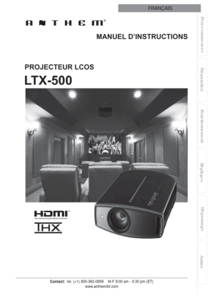 Page 61 
 
Pour commencer
PréparationFonctionnementDépannage
Réglages
Autres
 FRANÇAIS  
LTX-500
PROJECTEUR LCOSMANUEL D’INSTRUCTIONS 
Contact:   tel. (+1) 905-362-0958    M-F 9:00 am - 5:30 pm (ET)
www.anthemAV.com 
