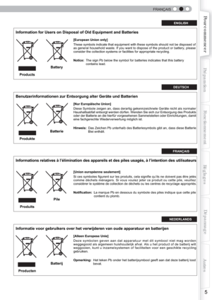 Page 65 
 
FRANÇAIS
 
 
5
Pour commencer
PréparationFonctionnementDépannage
Réglages
Autres
ENGLISH
Information for Users on Disposal of Old Equipment and Batteries 
[European Union only]
These symbols indicate that equipment with these symbols should not be disposed of 
as general household waste. If you want to dispose of the product or battery, please  
consider the collection systems or facilities for appropriate recycling.
Notice:The sign Pb below the symbol for batteries indicates that this battery...