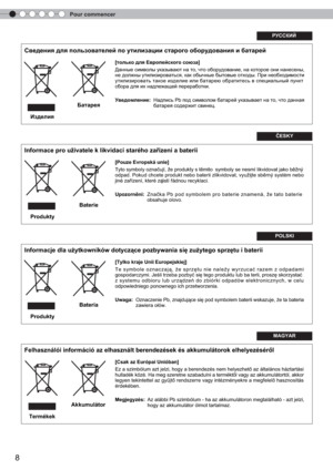Page 68Pour commencer
8
РУССКИЙ
Сведения для пользователей по утилизации старого оборудования и батарей
[только для Европейского союза]
Данные символы указывают на то, что оборудование, на которое они нанесены, 
не должны утилизироваться, как обычные бытовые отходы. При необходимости 
утилизировать такое изделие или батарею обратитесь в специальный пункт 
сбора для их надлежащей переработки.
Уведомление:Надпись Pb под символом батарей указывает на то, что данная 
батарея содержит свинец.
ČESKY
Informace pro...