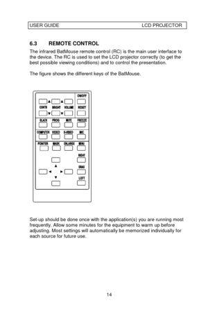 Page 15USER GUIDELCD PROJECTOR14 6.3 REMOTE CONTROL
The infrared BatMouse remote control (RC) is the main user interface to
the device. The RC is used to set the LCD projector correctly (to get the
best possible viewing conditions) and to control the presentation.
The figure shows the different keys of the BatMouse.Set-up should be done once with the application(s) you are running most
frequently. Allow some minutes for the equipment to warm up before
adjusting. Most settings will automatically be memorized...