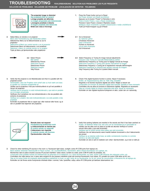 Page 232.Select Menu on remote or on projector
Menü über Fernbedienung oder Bedienfeld wählen
Sélectionnez Menu sur la télécommande ou sur le
projecteur
Seleccione el Menú por control remoto o en el proyector
Selezionare Menù sul telecomando o sul proiettore
Selecione o Menu no controle remoto ou no projetor
Trykk på Menu på fjernkontrollen eller projektoren
2.2   Select Picture
Bild wählen
Sélectionnez Picture
Seleccione Picture
Selezionare Picture
Selecione Imagem
Velg Picture
3.Verify that the projector is...