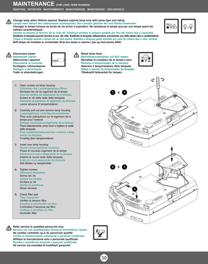 Page 29MAINTENANCE (FOR LONG TERM RUNNING)
WARTUNG   ENTRETIEN   MANTENIMIENTO   MANUTENZIONE   MANUTENÇÃO   VEDLIKEHOLD
30
1.Open screws on lamp housing
Schrauben des Lampengehäuses öffnen
D
évissez les vis du logement de la lampeAbra los tornillos del alojamiento de la lámparaSvitare le viti della sede della lampada
Desaperte os parafusos do alojamento da lâmpada
Løsne skruene til lampeholderen
2.Carefully pull out and remove lamp housing
Lampengehäuse vorsichtig herausnehmen
Tirez avec pr
écautions sur le...