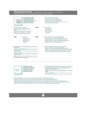 Page 242.Select Menu on remote or on projector
Menü über Fernbedienung oder Bedienfeld wählen
Sélectionnez Menu sur la télécommande ou sur le
projecteur
Seleccione el Menú por control remoto o en el proyector
Selezionare Menù sul telecomando o sul proiettore
Selecione o Menu no controle remoto ou no projetor
Trykk på Menu på fjernkontrollen eller projektoren
2.2   Select Picture
Bild wählen
Sélectionnez Picture
Seleccione Picture
Selezionare Picture
Selecione Imagem
Velg Picture
3.Verify that the projector is...