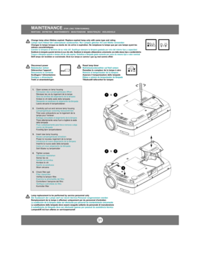 Page 30MAINTENANCE (FOR LONG TERM RUNNING)
WARTUNG   ENTRETIEN   MANTENIMIENTO   MANUTENZIONE   MANUTENÇÃO   VEDLIKEHOLD
31
1.Open screws on lamp housing
Schrauben des Lampengehäuses öffnen
D
évissez les vis du logement de la lampeAbra los tornillos del alojamiento de la lámparaSvitare le viti della sede della lampada
Desaperte os parafusos do alojamento da lâmpada
Løsne skruene til lampeholderen
2.Carefully pull out and remove lamp housing
Lampengehäuse vorsichtig herausnehmen
Tirez avec pr
écautions sur le...