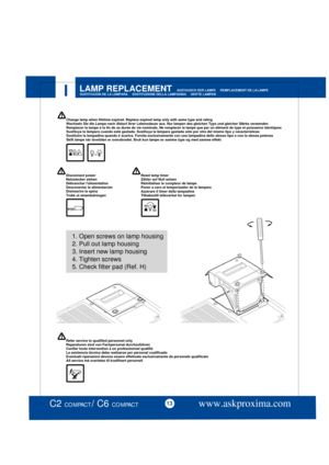 Page 13 
LAMP REPLACEMENT  
Refer service to qualified personnel onlyReparaturen sind von Fachpersonal durchzuführenConfier toute intervention à un professionnel qualifiéLa asistencia técnica debe realizarse por personal cualificadoEventuali riparazioni devono essere effettuate esclusivamente da personale qualificatoAll service må overlates til kvalifisert personell
!Change lamp when lifetime expired. Replace expired lamp only with same type and ratingWechseln Sie die Lampe nach Ablauf ihrer Lebensdauer aus....