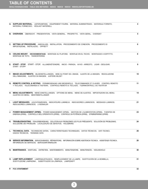 Page 2A. SUPPLIED MATERIAL,   LIEFERUMFANG,   EQUIPEMENT FOURNI,   MATERIAL SUMINISTRADO,   MATERIALE FORNITO,4MATERIAL FORNECIDO,   VEDLAGT MATERIELL
B. OVERVIEW,   ÜBERSICHT,   PRESENTATION,   VISTA GENERAL,   PROSPETTO,   VISTA GERAL,   OVERSIKT5
C. SETTING UP PROCEDURE,   
ANSCHLUSS,   INSTALLATION,   PROCEDIMIENTO DE CONEXIÓN,   PROCEDIMENTO DI 6IMPOSTAZIONE,   INSTALAÇÃO,   OPPSETT
D. CEILING MOUNT,   DECKENMONTAGE,   MONTAGE AU PLAFOND,   MONTAJE EN EL TECHO,   MONTAGGIO A SOFFITTO,      8MONTAGE DE...