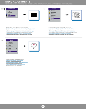 Page 1920
6.0
7.0
Synchronizes the projector settings to the active source
Synchronisiert die Projektoreinstellungen für die aktive Quelle
Synchronise les paramètres du projecteur avec la source active
Sincroniza las configuraciones del proyector con la fuente activa
Sincronizzazione delle impostazioni del proiettore sulla sorgente attiva
Sincroniza a configuração do projetor com a fonte ativa
Synkroniserer projektorens innstillinger med den aktive kilden
Indicates information about selected source
Zeigt...