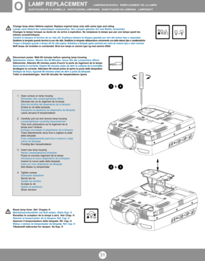 Page 3031
LAMP REPLACEMENT   LAMPENAUSTAUSCH   REMPLACEMENT DE LA LAMPE
SUSTITUCIÓN DE LA BOMBILLA SOSTITUZIONE LAMPADINA SUBSTITUIÇÃO DA LÂMPADA LAMPESKIFT
1. Open screws on lamp housing
Schrauben des Lampengehäuses öffnen
D
évissez les vis du logement de la lampeAbra los tornillos del alojamiento de la lámparaSvitare le viti della lampada
Desaperte os parafusos do alojamento da lâmpada
Løsne skruene til lampeholderen
2. Carefully pull out and remove lamp housing
Lampengehäuse vorsichtig herausnehmen
Tirez...