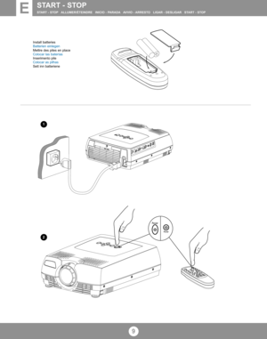 Page 89
START - STOPSTART - STOP ALLUMER/ÉTEINDRE   INICIO - PARADA AVVIO - ARRESTO   LIGAR - DESLIGAR   START - STOP
Install batteries
Batterien einlegen
Mettre des piles en place
Colocar las bater
ías
Inserimento pile
Colocar as pilhas
Sett inn batteriene
E
2
1 