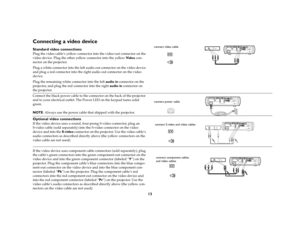 Page 1413
Connecting a video device Standard video connectionsPlug the video cable’s yellow connector into the video-out connector on the 
video device. Plug the other yellow connector into the yellow Video con-
nector on the projector. 
Plug a white connector into the left audio out connector on the video device 
and plug a red connector into the right audio out connector on the video 
device. 
Plug the remaining white connector into the left audio in connector on the 
projector, and plug the red connector...