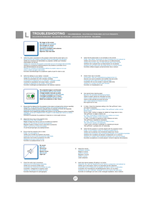 Page 2727
TROUBLESHOOTING   FEHLERBEHEBUNG   SOLUTION AUX PROBLEMES LES PLUS FREQUENTS   
SOLUCIÓN DE PROBLEMAS   SOLUZIONE DEI PROBLEMI   LOCALIZAÇÃO DE DEFEITOS   FEILSØKINGL
3.Verify that the black-button is not activated on the remote.
Prüfen, dass Black (Verdunkeln) an der Fernbedienung nicht aktiviert ist.
Vérifiez que le bouton noir nest pas activé sur la télécommande.
Verifique que el botón negro no esté activado para control remoto.
Verificare che il pulsante nero sul telecomando non sia attivato....