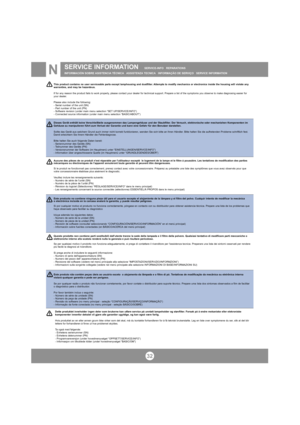 Page 3232
SERVICE INFORMATION   SERVICE-INFO   REPARATIONS   
INFORMACIÓN SOBRE ASISTENCIA TÉCNICA ASSISTENZA TECNICA INFORMAÇÃO DE SERVIÇO   SERVICE INFORMATIONN
Dieses Gerät enthält keine Verschleißteile ausgenommen das Lampengehäuse und der Staubfilter. Der Versuch, elektronische oder mechanishen Komponenten im
Gehäuse zu manipulieren führt zum Verlust der Garantie und kann eine Gefahr für den Benutzer darstellen.
Sollte das Gerät aus welchem Grund auch immer nicht korrekt funktionieren, wenden Sie sich...