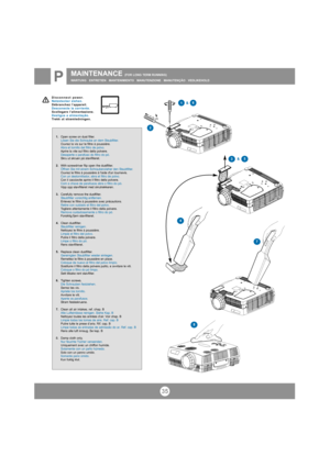 Page 3535
MAINTENANCE (FOR LONG TERM RUNNING)
WARTUNG   ENTRETIEN   MANTENIMIENTO   MANUTENZIONE   MANUTENÇÃO   VEDLIKEHOLD
P
1.Open screw on dust filter.
Lösen Sie die Schraube an dem Staubfilter.
Ouvrez la vis sur le filtre à poussière.
Abra el tornillo del filtro de polvo.
Aprire la vite sul filtro della polvere.
Desaperte o parafuso do filtro do pó.
Skru ut skruen på støvfilteret.
2.With screwdriver flip open the dustfilter.
Öffnen Sie mit einem Schraubenzieher den Staubfilter.
Ouvrez le filtre à poussière...