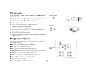 Page 2222
Using the audio.	/	4	C				/	Audio In	+
/	4	 
.04/	!		/	Vo l u m e1/		0		 
.	/	0	/	Mute1/			 Troubleshooting AudioM 	C/	#/	0/	/	!!#

M 		/	01!			0 
M 				F	/	Mute1/			G 
M 		/	!		0	#/ 	/	Vo l u m e  1
/...